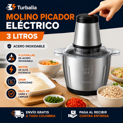 Molino Picador Eléctrico Acero Inoxidable 3 Litros – Tamaño Grande