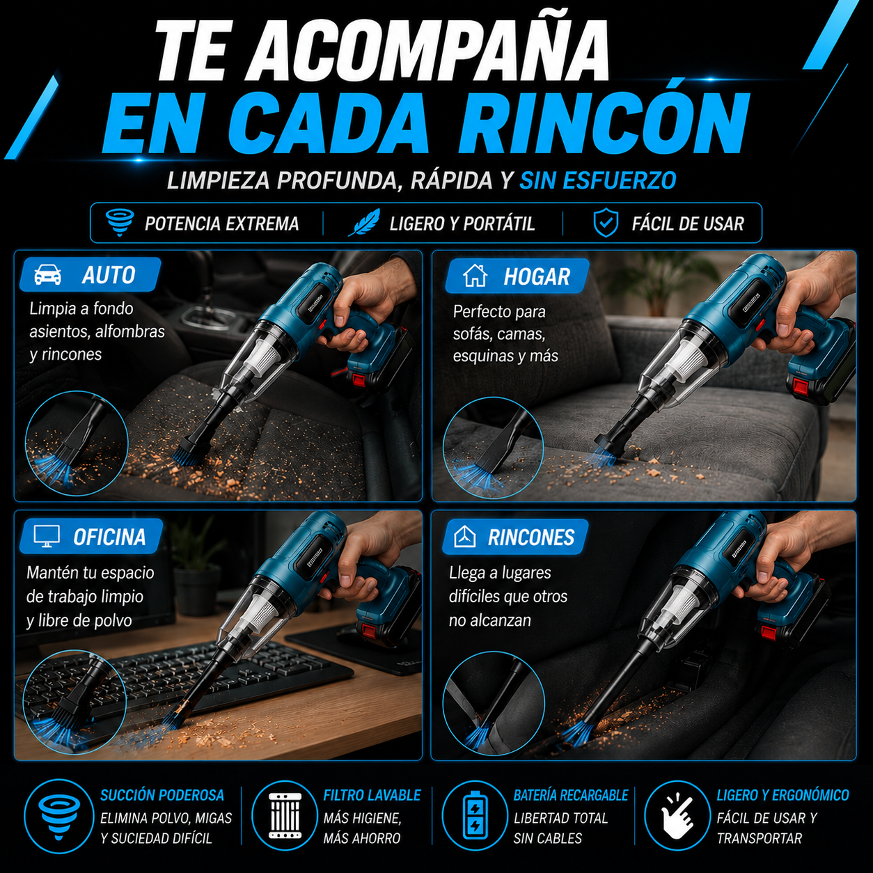 Aspiradora Inalámbrica Portátil para Carro y Hogar
