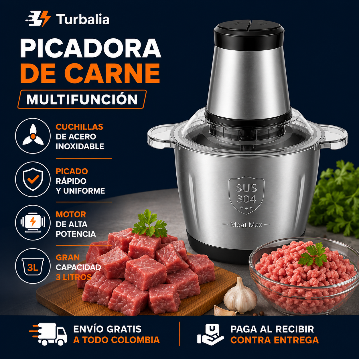 Molino Picador Eléctrico Acero Inoxidable 3 Litros – Tamaño Grande